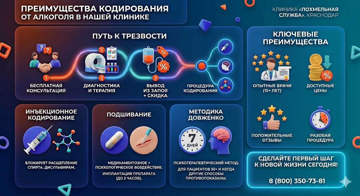 Инфографика о методах кодирования от алкоголя в Самаре: инъекции, подшивание, метод Довженко. Преимущества клиники и этапы лечения.